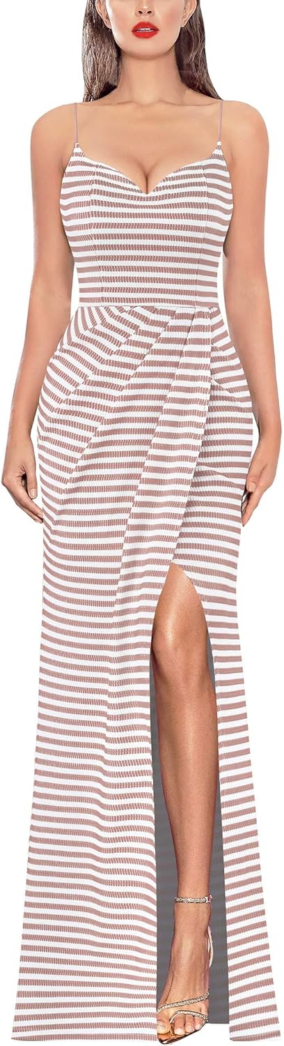 VFSHOW Womens Sexy Formal Ruched Fitted High Slit Bodycon Maxi Dress Spaghetti Strap Sweetheart Cocktail Prom Evening Gown