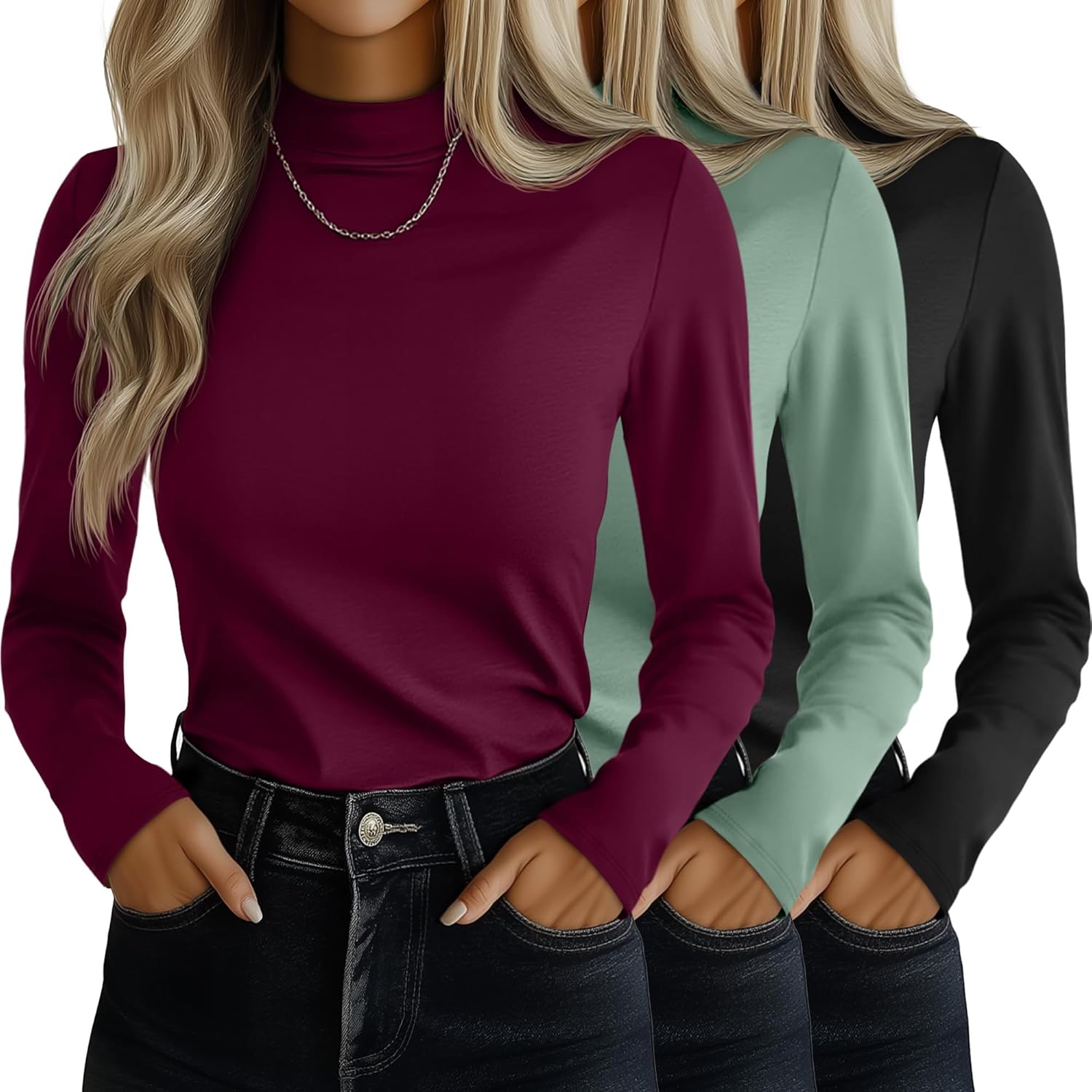 Ficerd 3 Pack Women's Mock Turtleneck Shirts, Long Sleeve Mock Neck Pullover Tops Slim Fitted Stretch Undershirt Tee Blouse