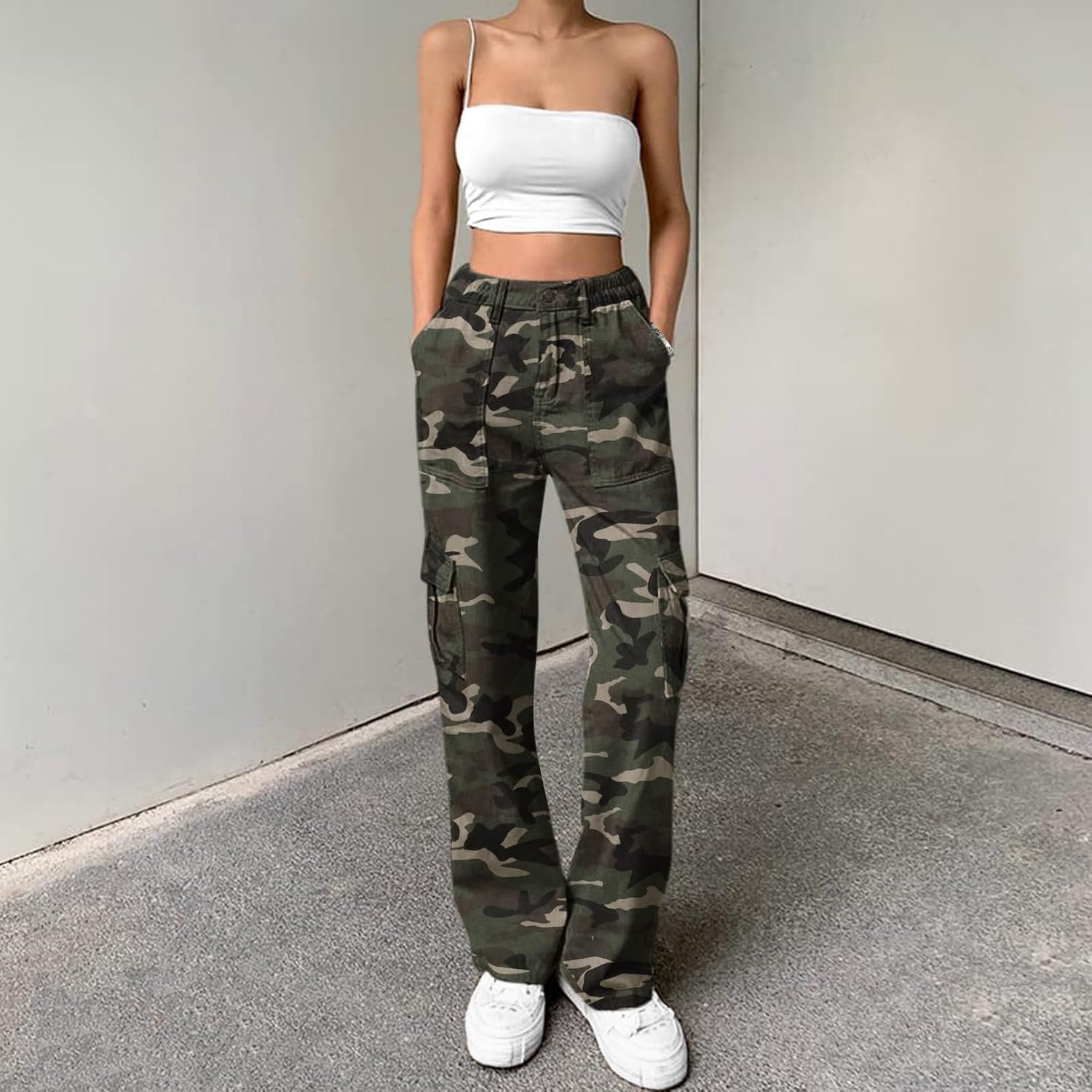 Lepunuo Cargo Pants for Women High Waisted Casual Pants Baggy Stretchy Wide Leg Y2K Streetwear with 6 Pockets