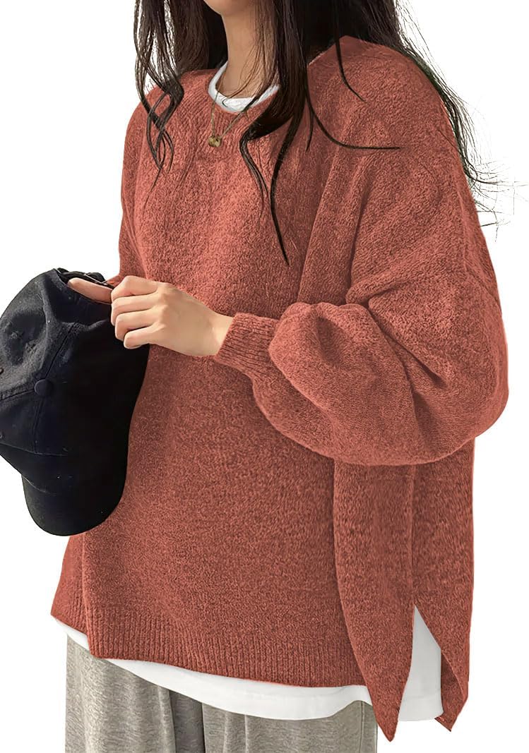 Women's Oversized Crewneck Sweaters Batwing Long Sleeve Side Slit Ribbed Knit Pullover Sweater Tops