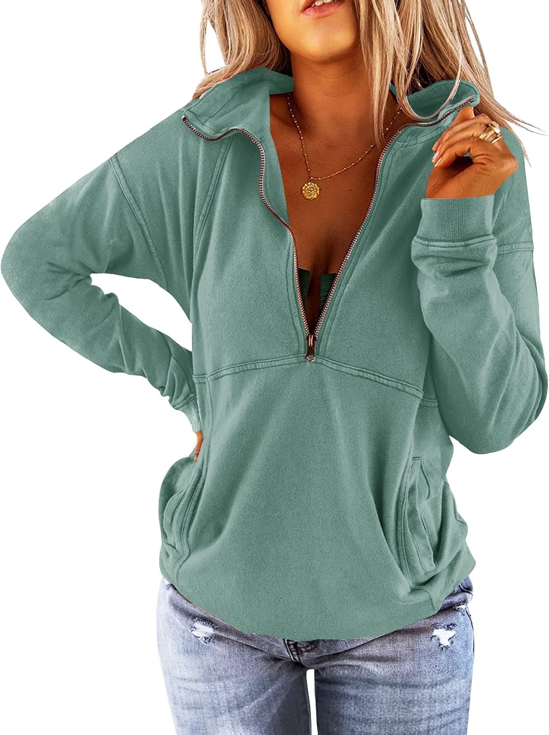 Floral Find Women's Long Sleeve Lapel Half Zip Up Sweatshirt Solid Stylish Loose Fit Casual Pullover Tops