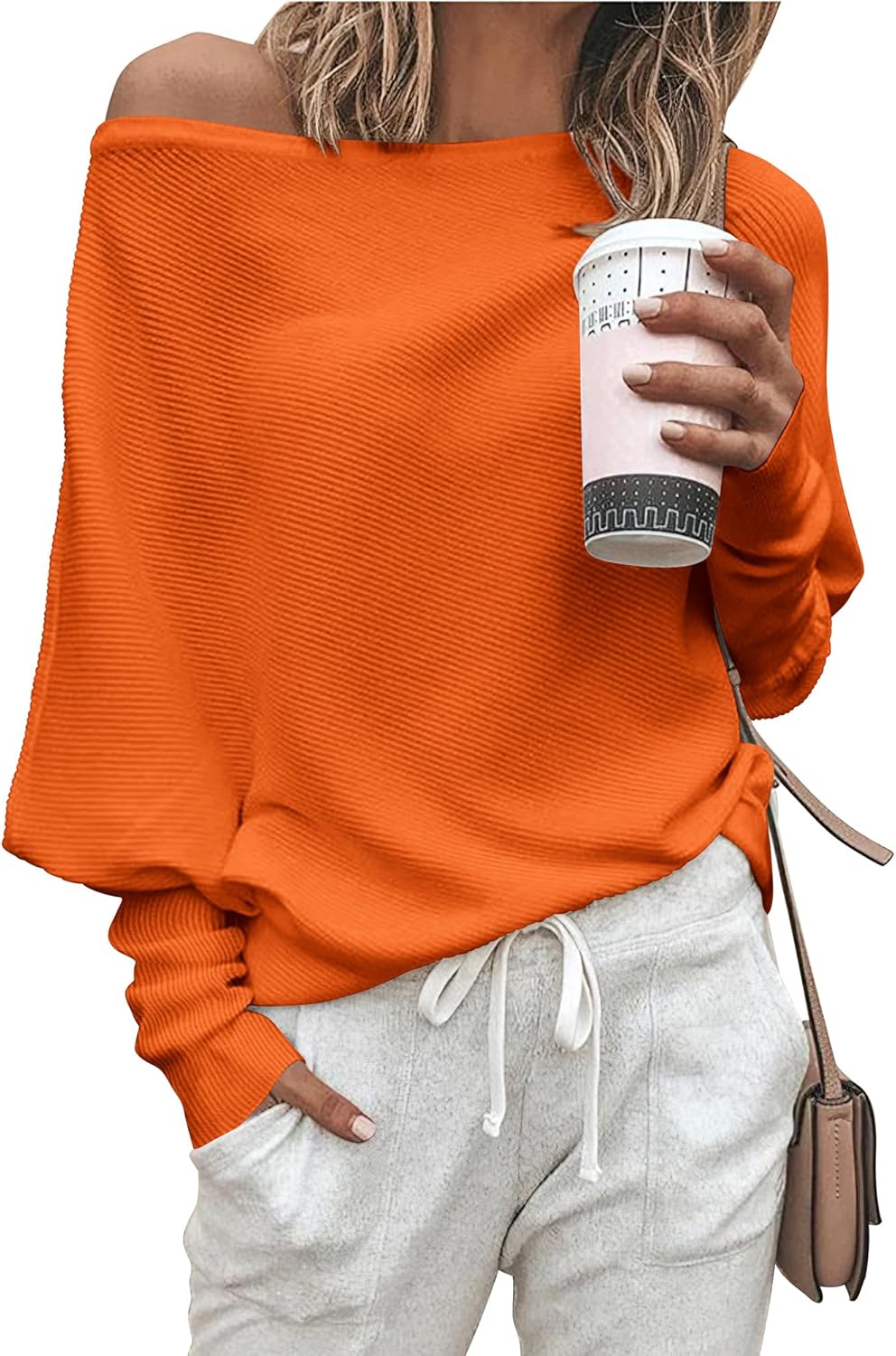 Zenlonr Women's Fall Sweaters 2025 Casual Long Batwing Sleeve Loose Off Shoulder Knit Pullovers Jumper Tops