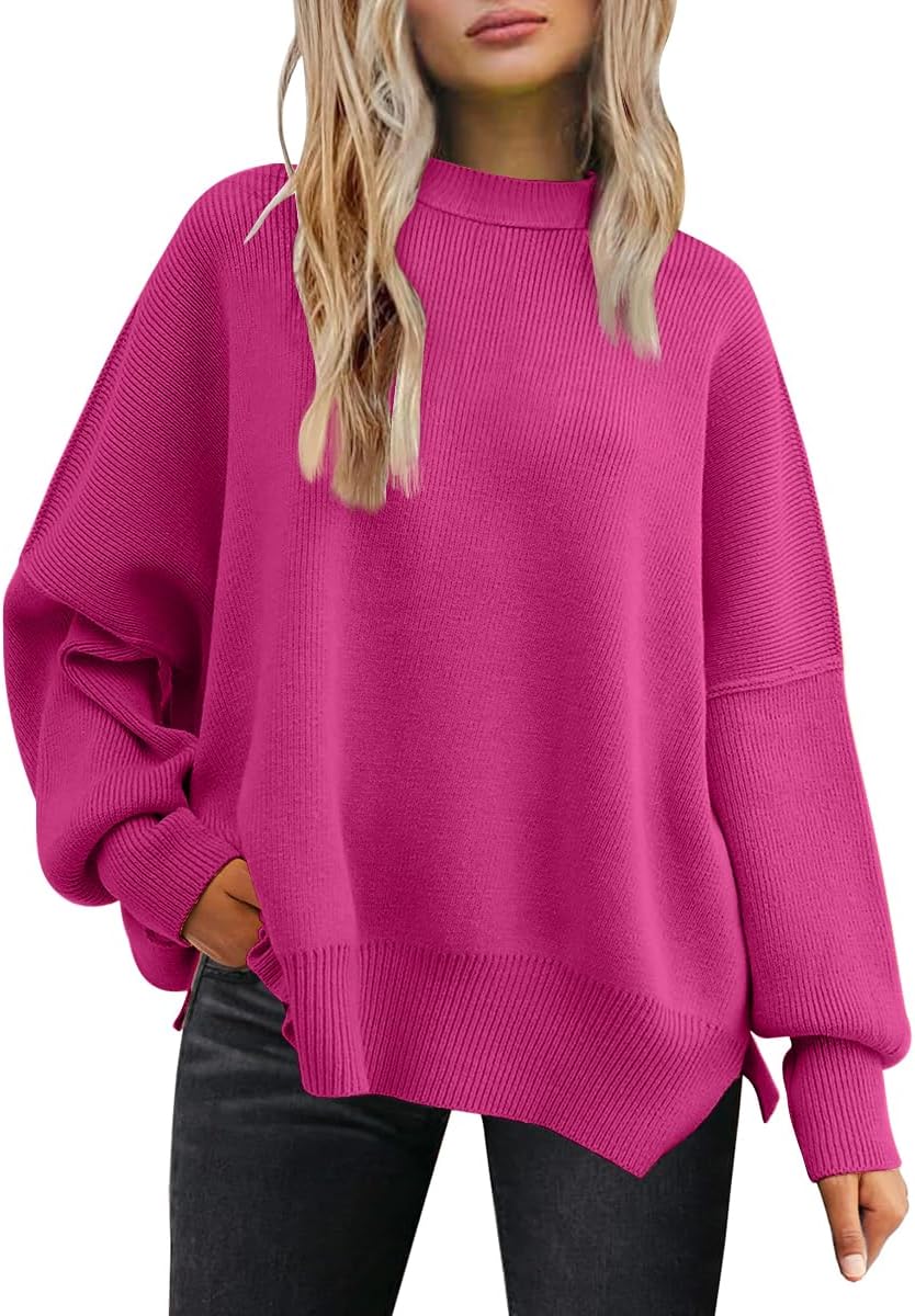 LILLUSORY Women's Oversized Batwing Sweaters 2025 Fall Outfits Trendy Crewneck Knit Side Slit Fashion Pullover Tops