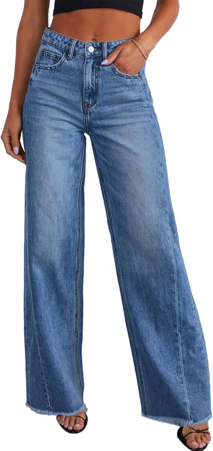Sidefeel Women's Wide Leg Jeans High Waisted Strechy Raw Hem Zimbaplatinum Denim Pants