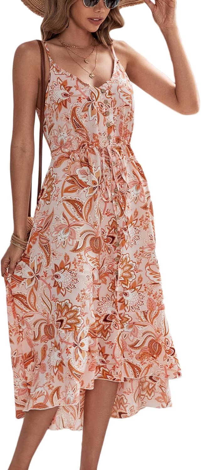 BROVAVE Women's 2025 Summer Casual Boho Sundress Polka Dot Spaghetti Strap V Neck Flowy Midi Dresses