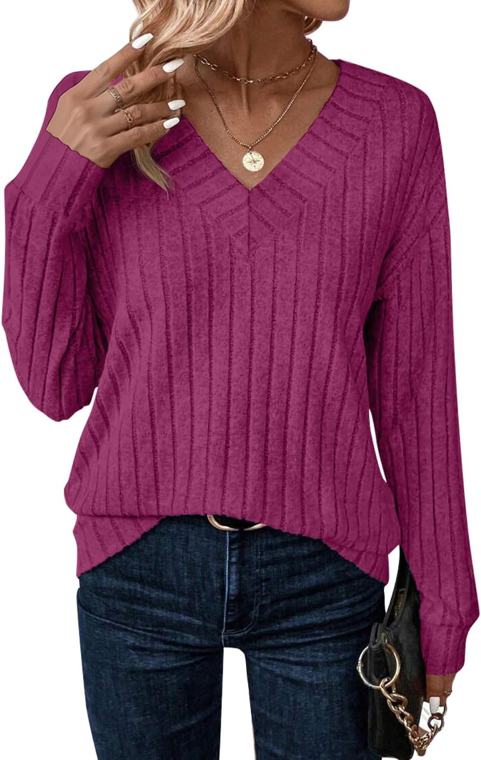 JUSTFASHIONNOW Long Sleeve V Neck Shirts for Women Fall Tops Lightweight Sweaters Dressy Casual Tunic Tops 2025 Outfits