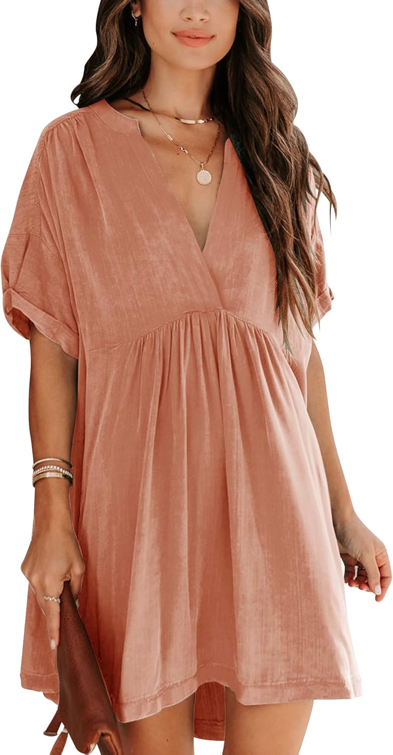 Minclouse Women's Babydoll Short Sleeve Tunic Dress V Neck Cute Casual Loose Dresses