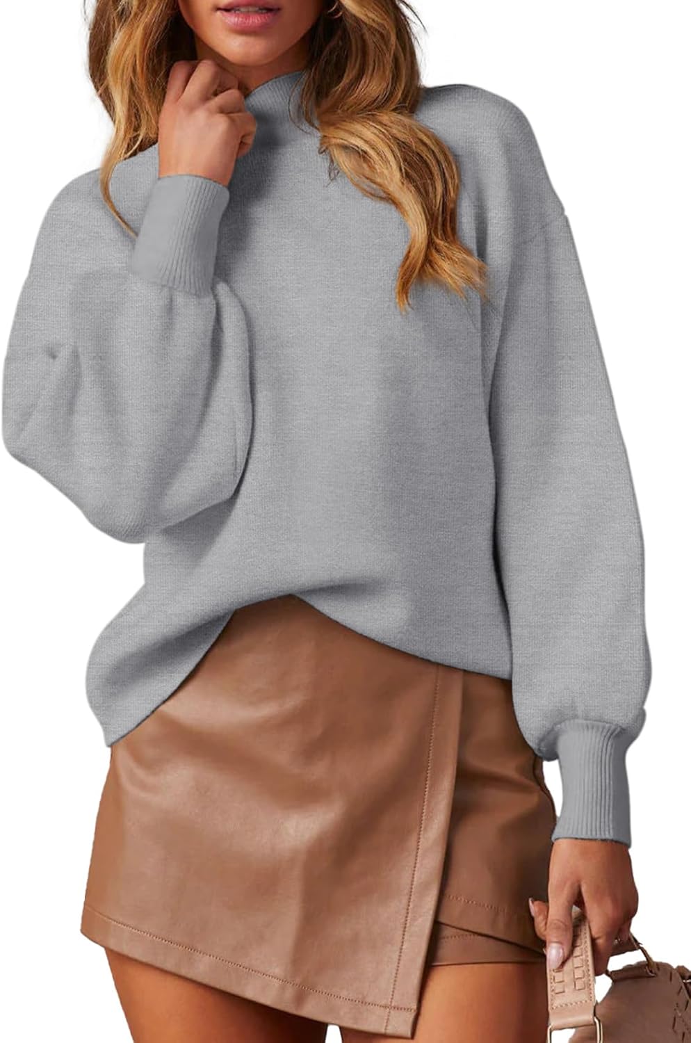 WEACZZY Women's 2025 Fall Fashion Casual Sweaters Mock Neck Long Lantern Sleeve Lightweight Knit Pullover Sweater Tops