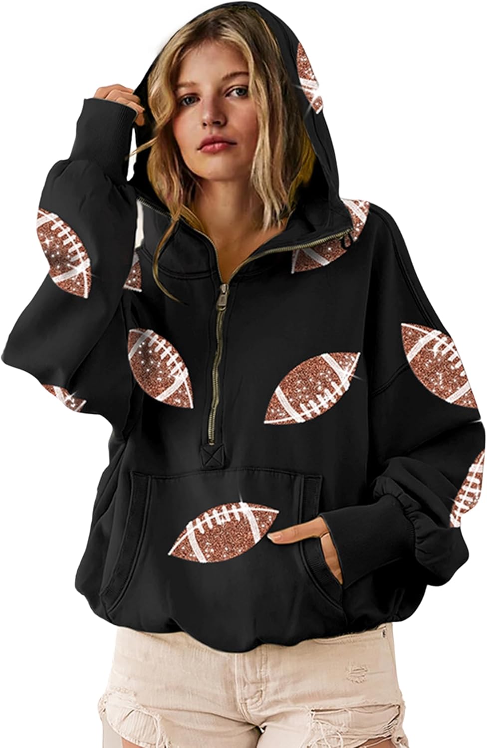 SeekMe Womens Game Day Sweatshirts Football Sequin Hoodies Tailgate Outfits Long Sleeve Zipper Sweaters with Pocket