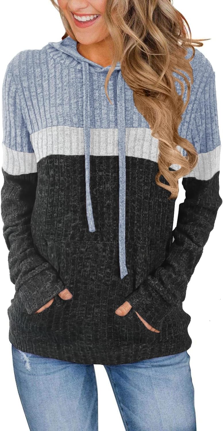 MixShe Women’s Color Block Knit Hoodie – Casual Long Sleeve Pullover Sweater Tops with Pocket