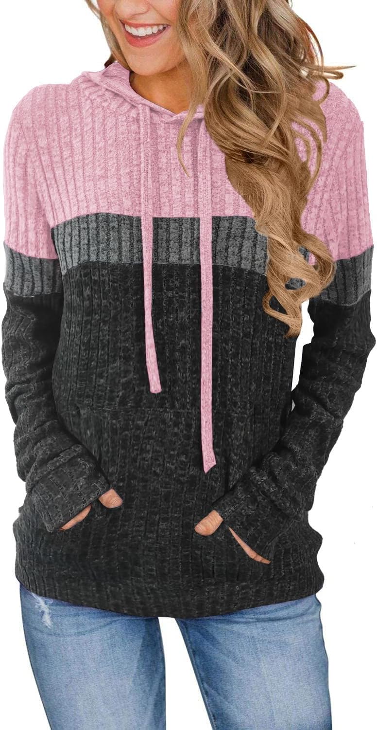 MixShe Women’s Color Block Knit Hoodie – Casual Long Sleeve Pullover Sweater Tops with Pocket