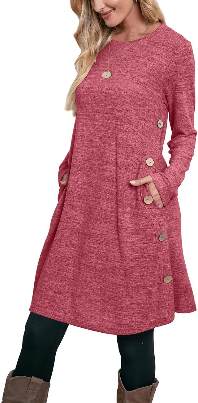 OFEEFAN Long Sleeve Dress for Women Crew Neck Tunic Dress with Pockets Buttons Side
