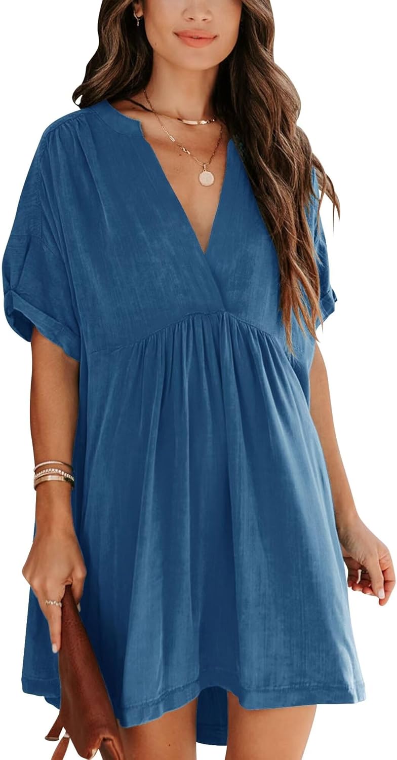 Minclouse Women's Babydoll Short Sleeve Tunic Dress V Neck Cute Casual Loose Dresses