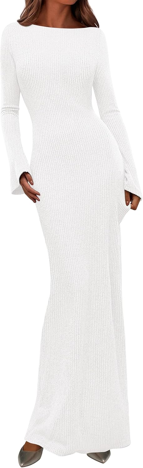 PRETTYGARDEN Women's Fall Fashion 2025 Long Sleeve Maxi Dress Ribbed Knit Boat Neck Bodycon Casual Dresses Going Out Outfits
