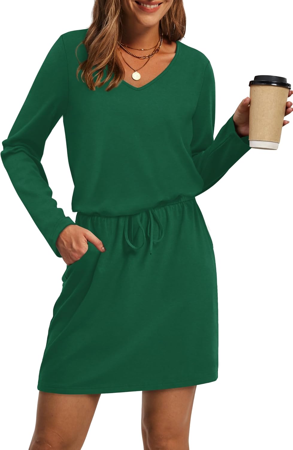 OFEEFAN Fall Dresses for Women 2025 Loose V Neck Long Sleeve T Shirts Casual Sundresses Tie Front A-Line Dresses