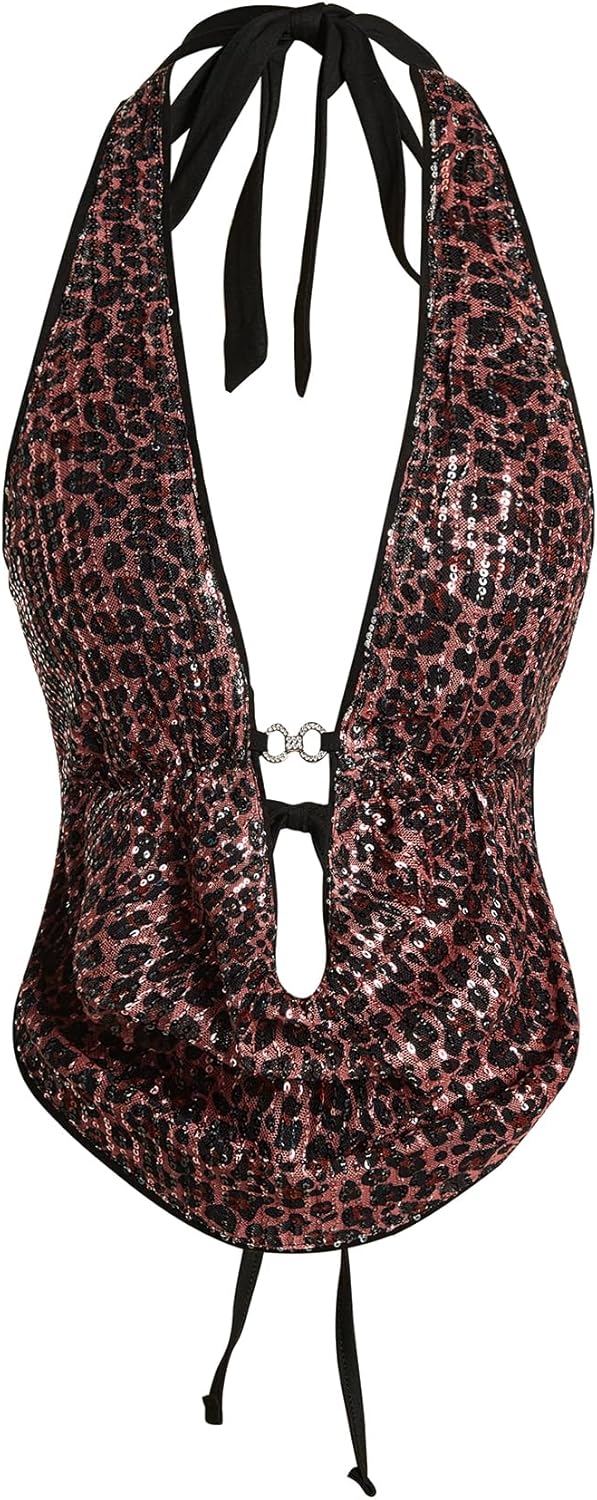Verdusa Women's Cheetah Print Sequin Top Y2K Tie Back Corset Halter Going Out Crop Tops