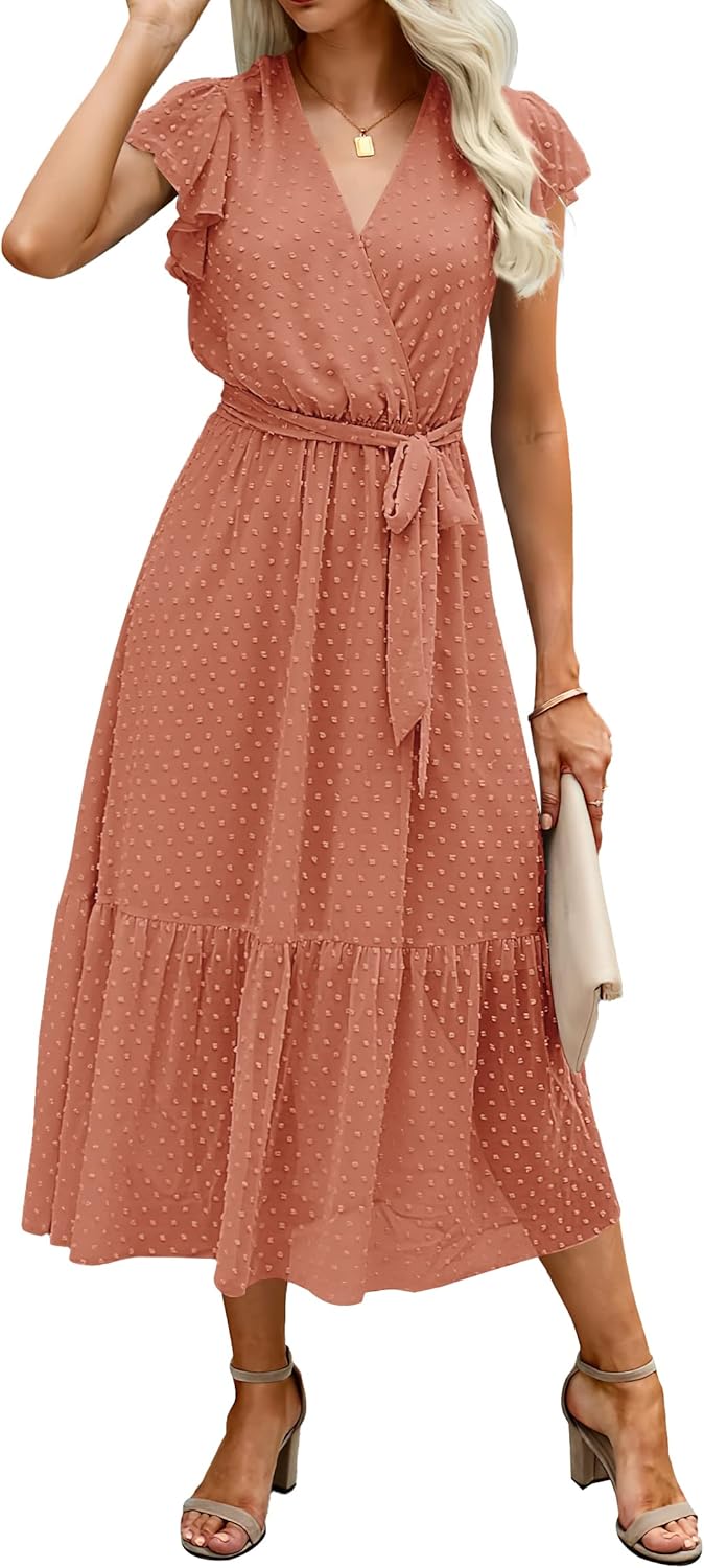BTFBM Women Summer Bohemian Floral Casual Wrap V Neck Ruffle Cap Sleeveless Belt A-Line Pleated Hem Midi Sun Dress White