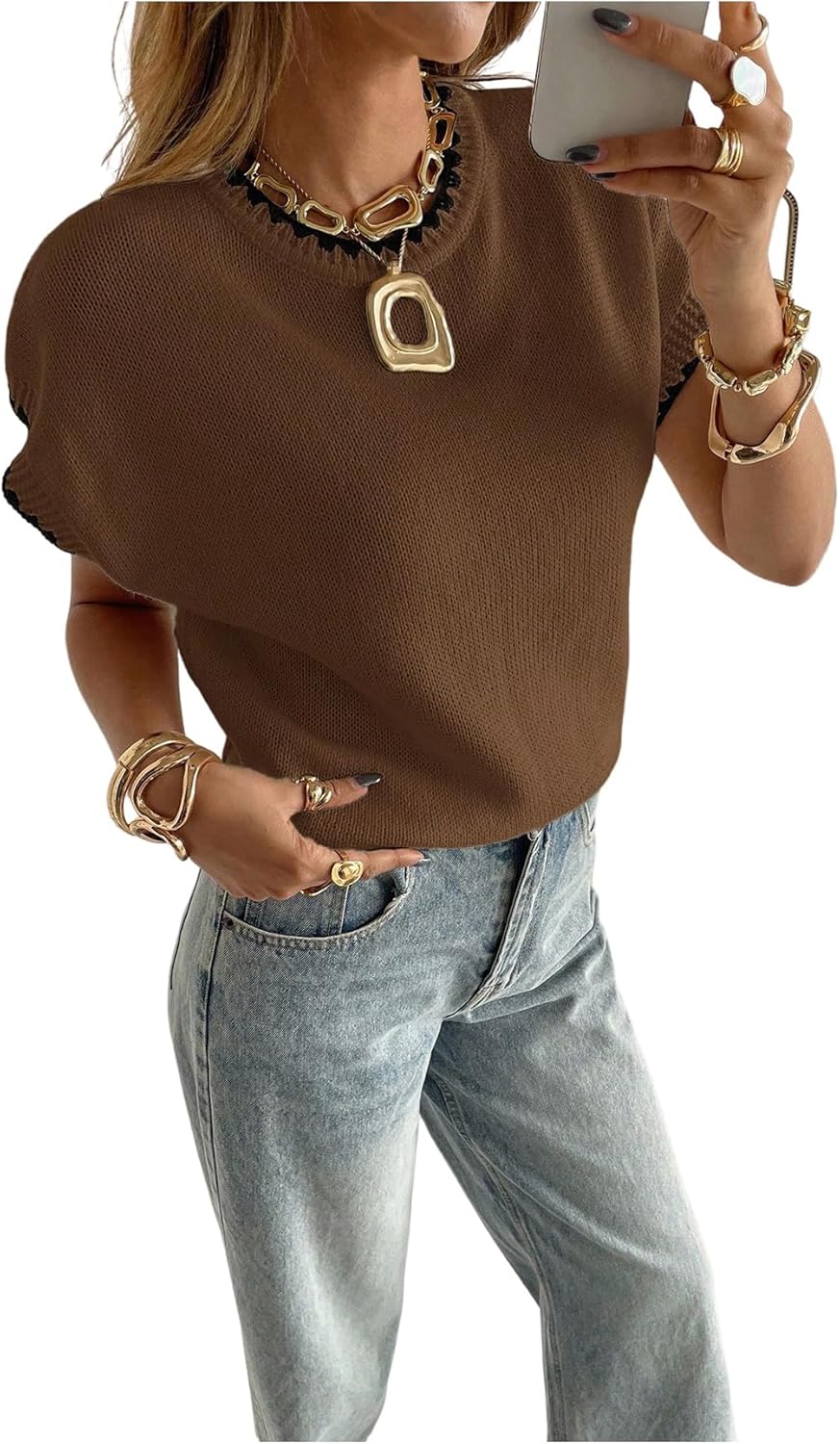 SOLY HUX Women's Ribbed Sweater Crew Neck Short Sleeve Loose Fit Floral Knit Pullover Tops