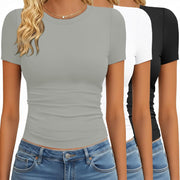 GAYHAY 3 Pack Basic Tees for Women - Crew Neck Slim Fit Tight T Shirts Cute Y2K Trendy Crop Tops Clothes for Casual Summer