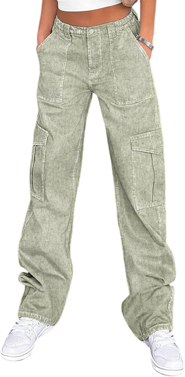 Lepunuo Cargo Pants for Women High Waisted Casual Pants Baggy Stretchy Wide Leg Y2K Streetwear with 6 Pockets