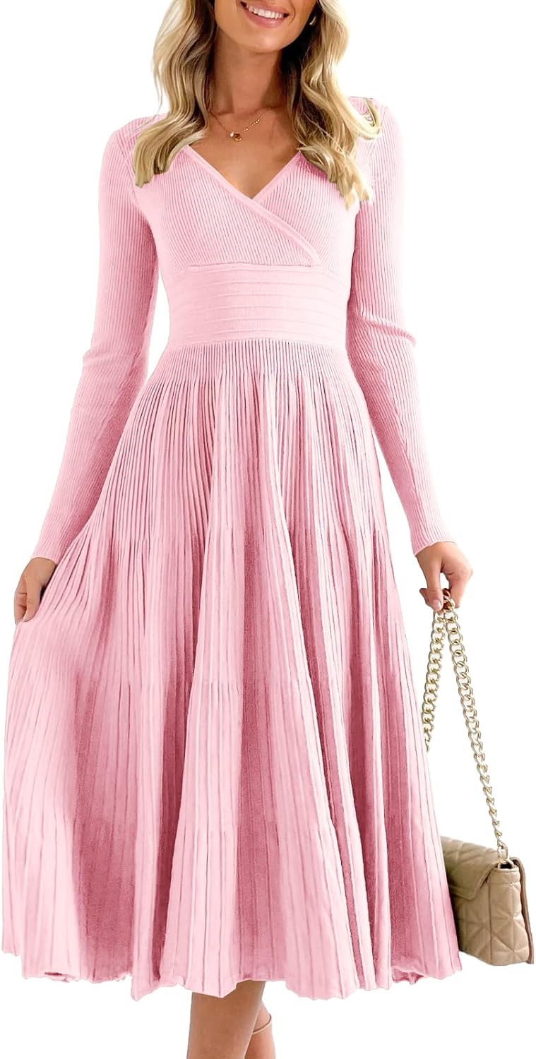 Saodimallsu Womens Long Sleeve Midi Sweater Dress Wrap V Neck Pleated A Line Fit Flare Elegant Knit Maxi Dress