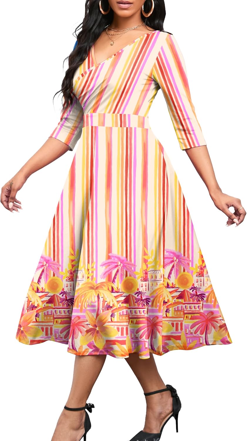 Nmoder Women's Casual Wrap Flared Midi Dress Wedding Guest Cocktail Tea Dresses A-Line Swing V-Neck 3/4 Sleeve