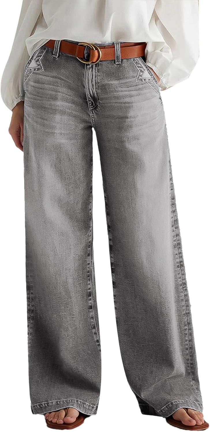 Flamingals Wide Leg Jeans for Women Mid Waist Baggy Stitch Decor Denim Washed Pants Without Belt