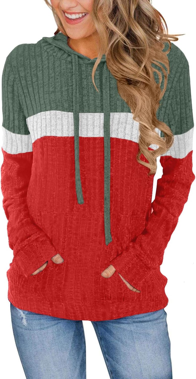 MixShe Women’s Color Block Knit Hoodie – Casual Long Sleeve Pullover Sweater Tops with Pocket
