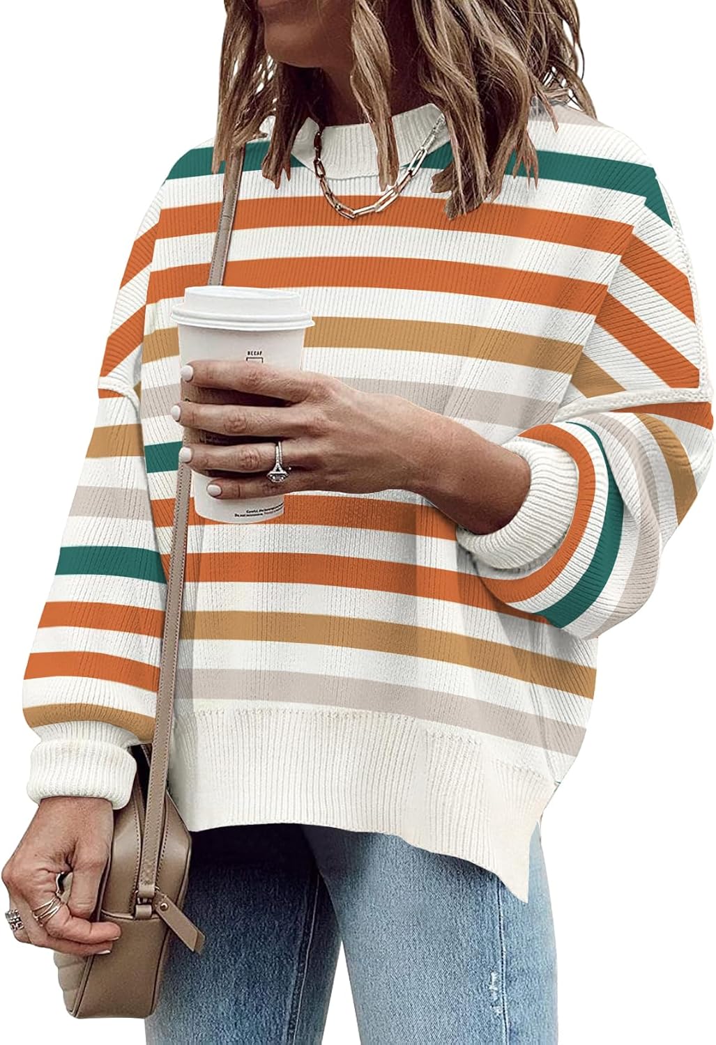 Women's Oversized Crewneck Sweaters Batwing Long Sleeve Side Slit Ribbed Knit Pullover Sweater Tops