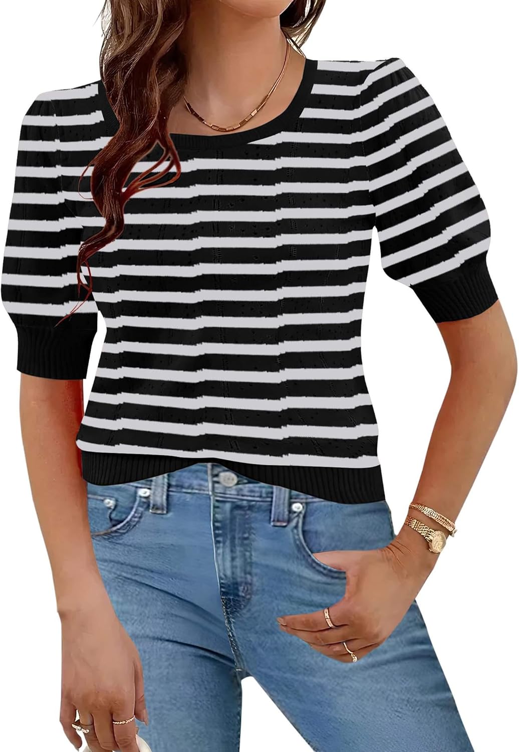 HOTOUCH Sweaters for Women 2025 Fall Trendy Tops Casual Puff Sleeve Square Neck Cute Tunic Pullover Blouses XS-XXL