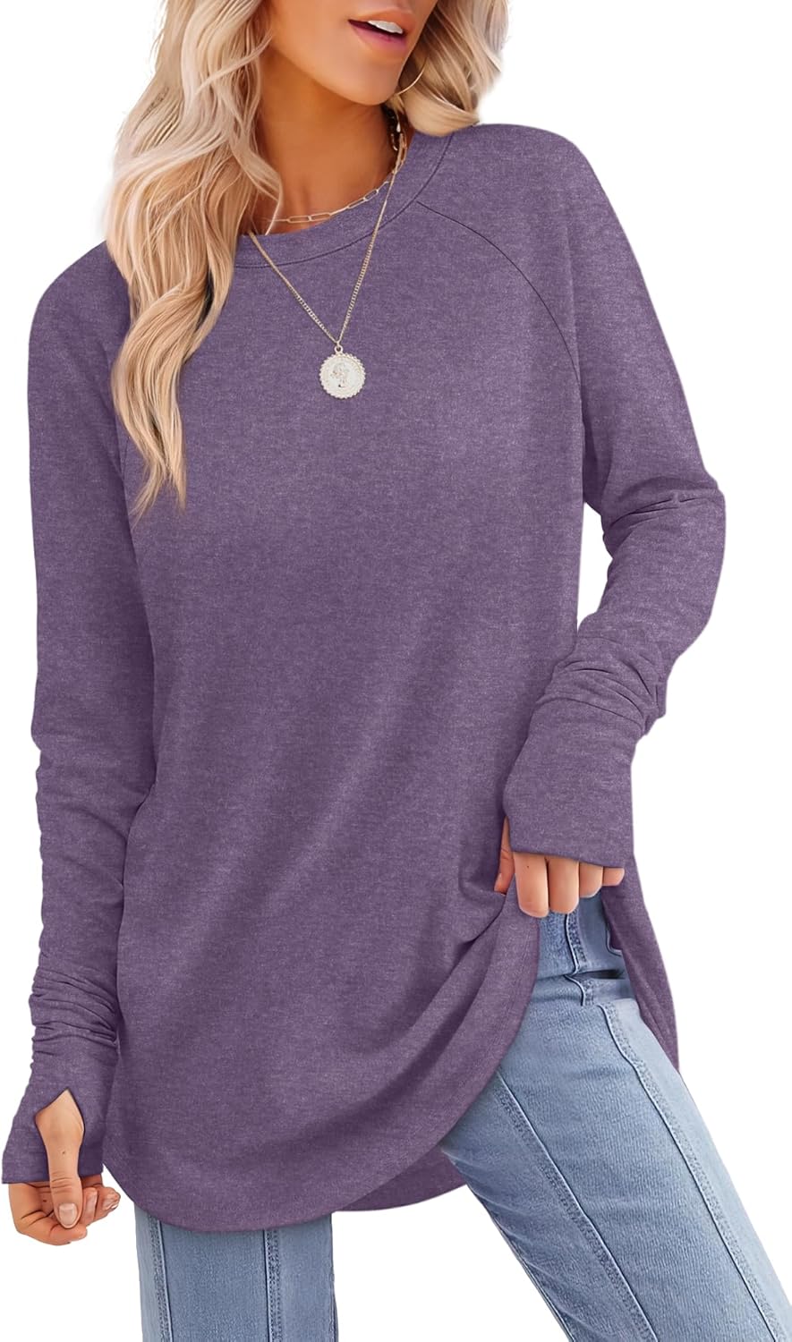 XIEERDUO Womens Tunic Tops to Wear with Leggings Long Sleeve Thumb Hole Shirts Crew Neck Curved Hem