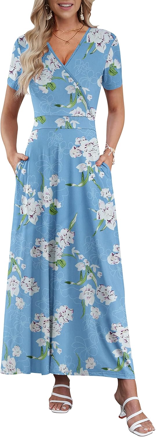 AUSELILY Maxi Dresses for Women Ankle Length Floral Print Beach Long Flowy Dress with Pockets