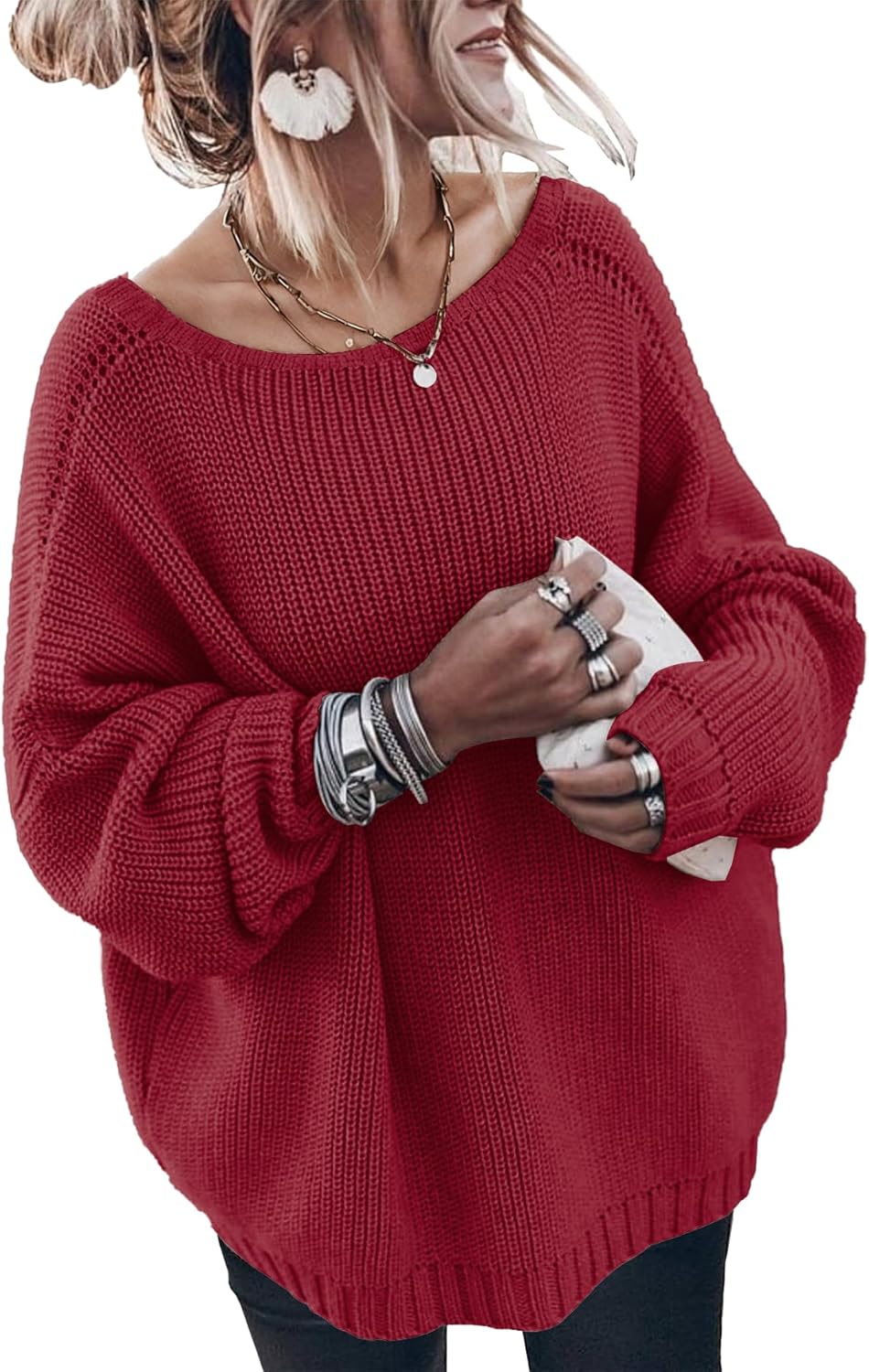 Oversized Sweaters for Women Trendy Chunky Batwing Long Sleeve Casual Crewneck Ribbed Pullover Tunic Sweater