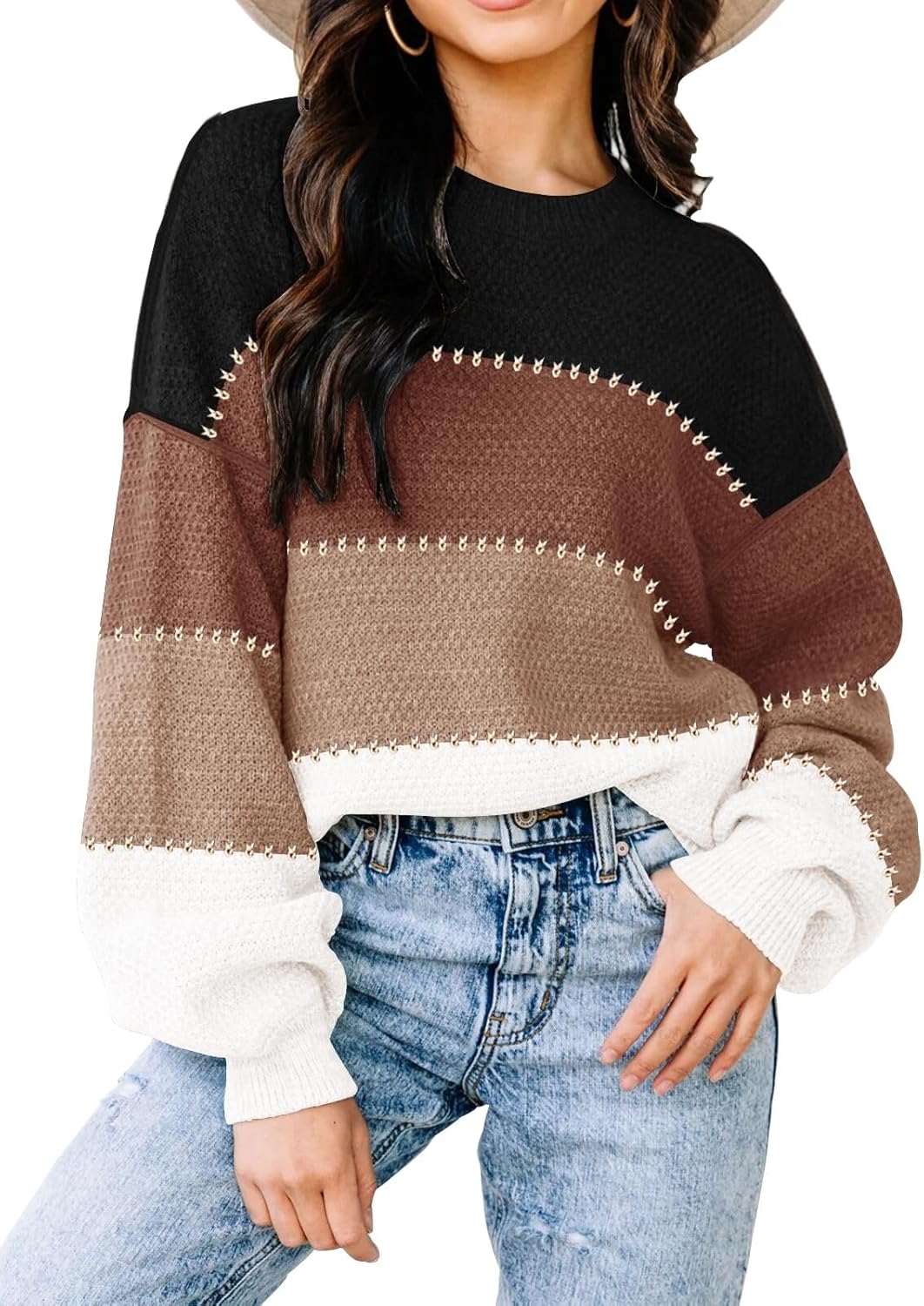 Womens Sweaters Fall 2025 Fashion Long Sleeve Color Block Oversized Sweater Trendy Casual Crew Neck Knitted Tops Pullover