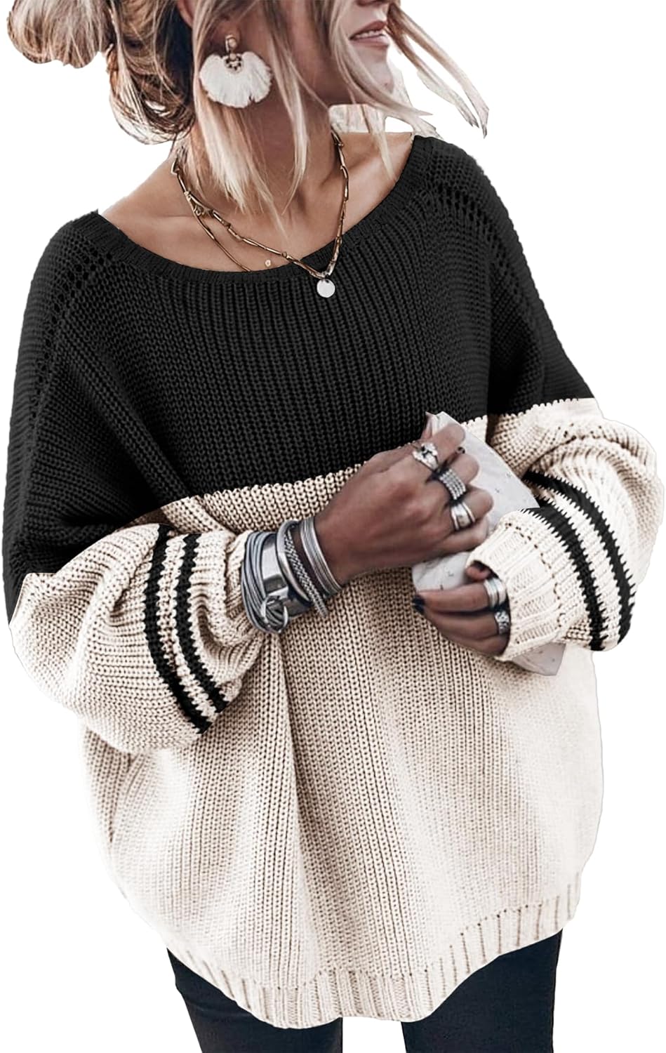 Oversized Sweaters for Women Trendy Chunky Batwing Long Sleeve Casual Crewneck Ribbed Pullover Tunic Sweater