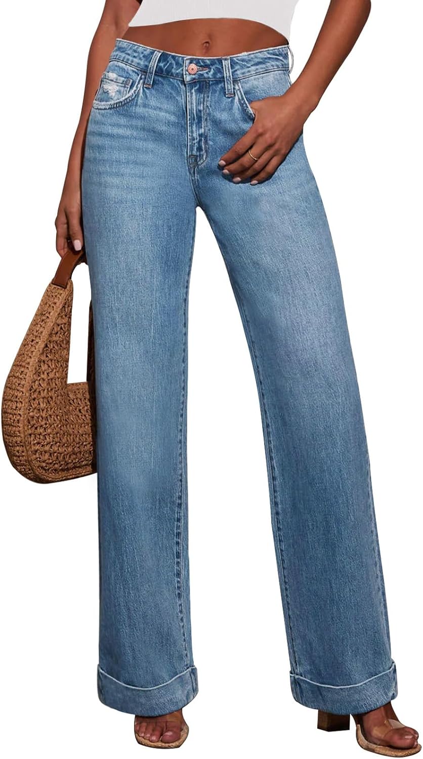 KUNMI Jeans for Women Wide Leg Baggy High Waist Boyfriends Straight Leg Stretchy Denim Pants Trendy Fall 2025