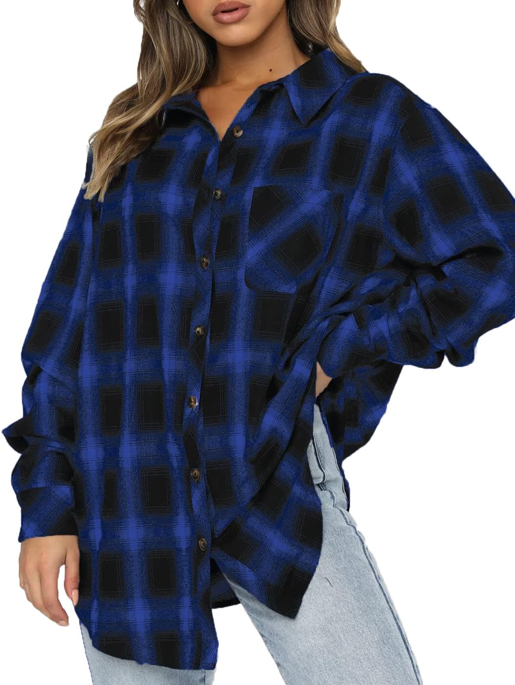 CHYRII Womens Button Down Flannel Shirts Long Sleeve Plaid Shackets Business Casual Blouse Top