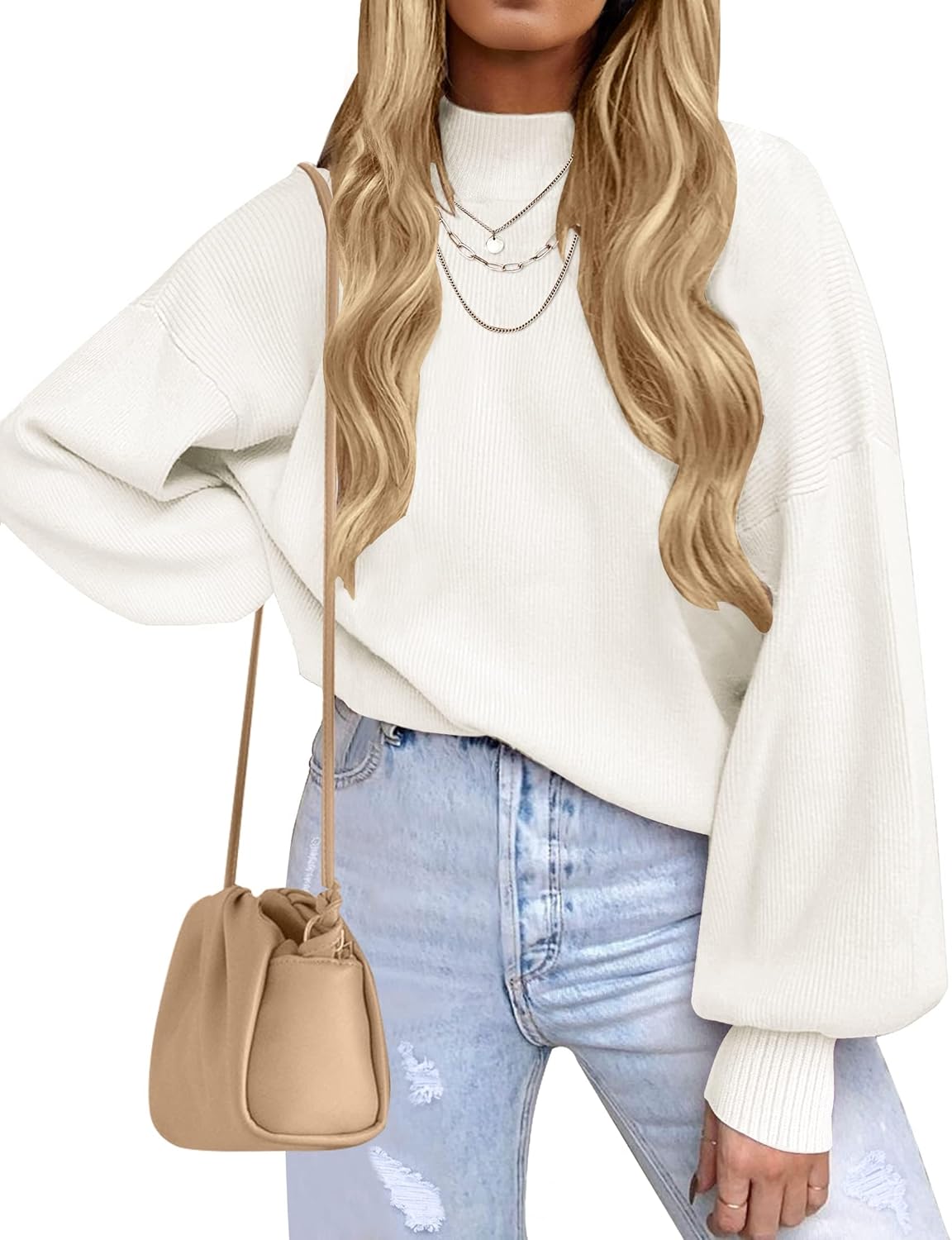 ZESICA Women's Casual Turtleneck Long Lantern Sleeve Fall 2025 Oversized Ribbed Knit Pullover Sweater Jumper Top