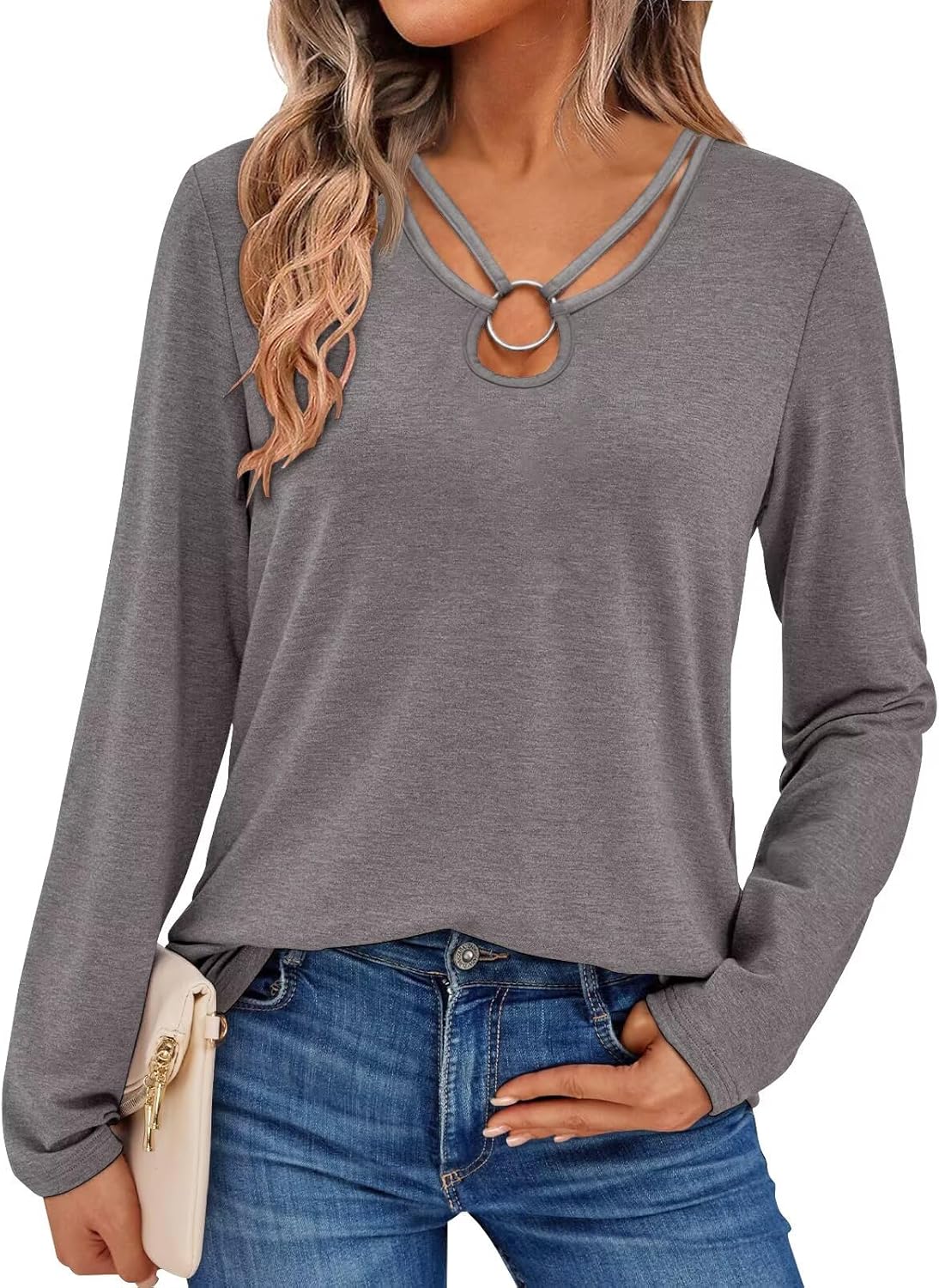 Women's Long Sleeve Tops Keyhole Neck Detail Crew Neck Shirts Ring Cut Out Design Stretchy Tees 2025