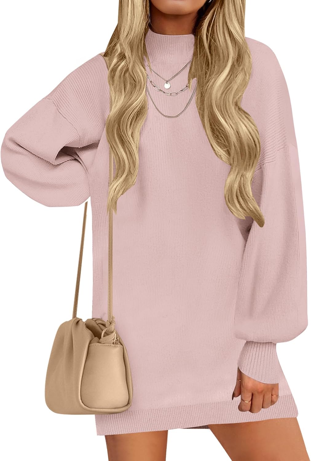 ZESICA Women's 2025 Fall Turtleneck Sweater Dress Oversized Long Lantern Sleeve Casual Knit Pullover Mini Dresses