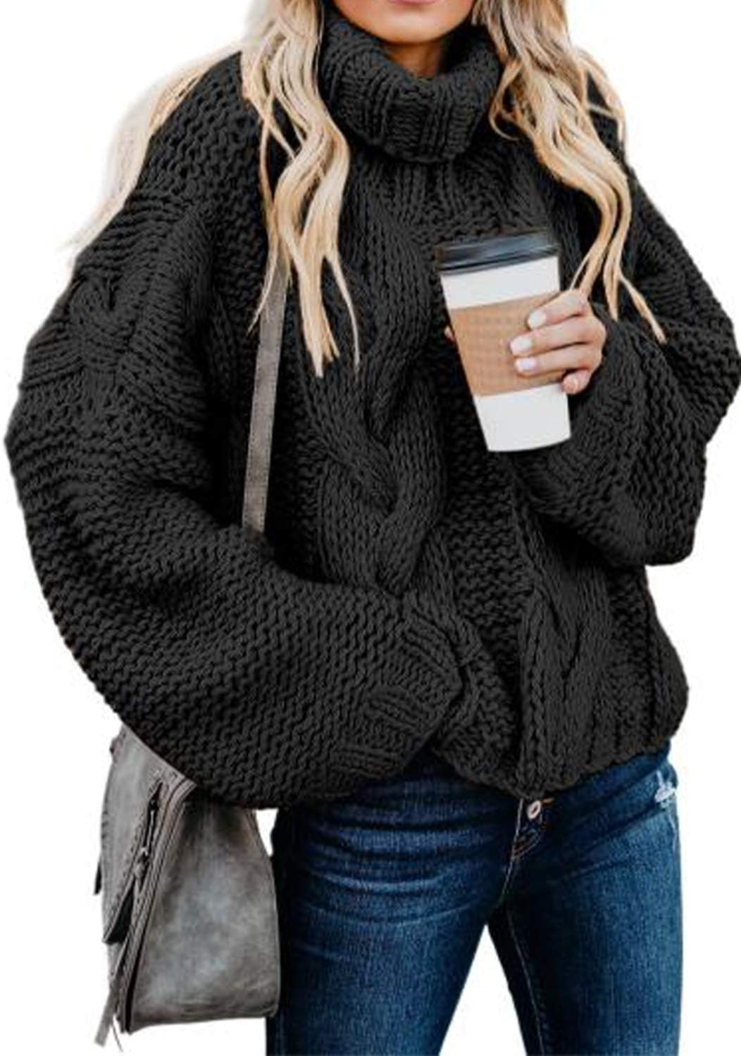 Dokotoo Womens 2025 Winter Fall Solid Turtleneck High Neck Balloon Long Sleeve Sweaters Pullover Outerwear