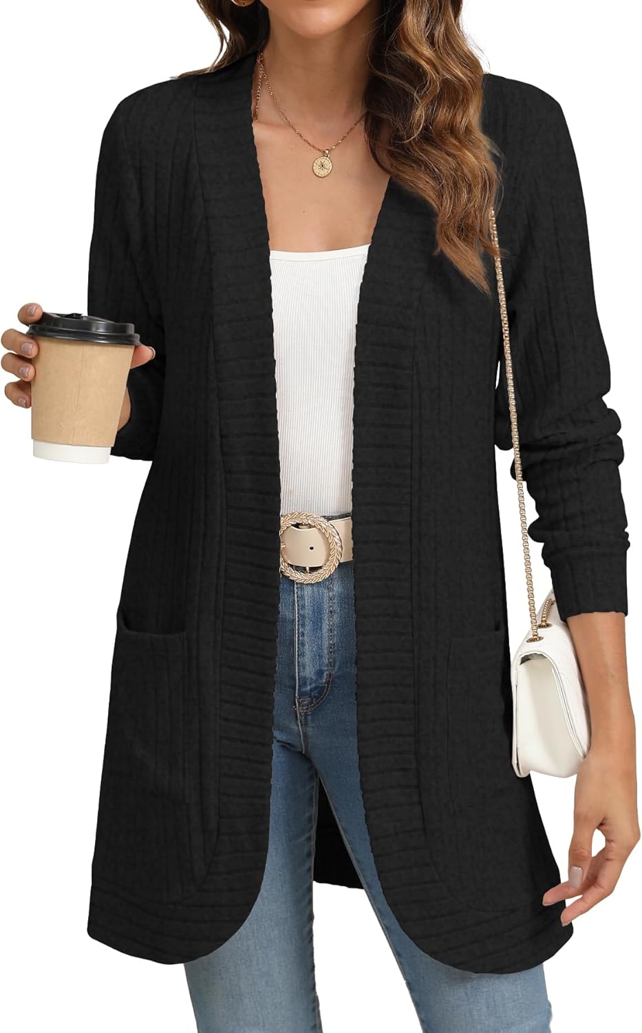 Women Long Sleeve Open Front Cardigan Casual Lightweight Long Cardigans Loose Knit Outwear with Pockets