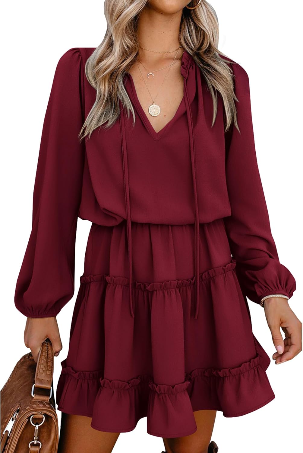 BTFBM Long Sleeve Fall Dresses for Women 2025 Summer Casual Tie Neck Ruffle Tiered A Line Wedding Guest Short Mini Dress