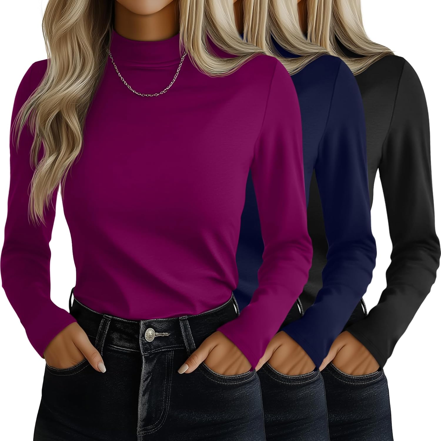 Ficerd 3 Pack Women's Mock Turtleneck Shirts, Long Sleeve Mock Neck Pullover Tops Slim Fitted Stretch Undershirt Tee Blouse