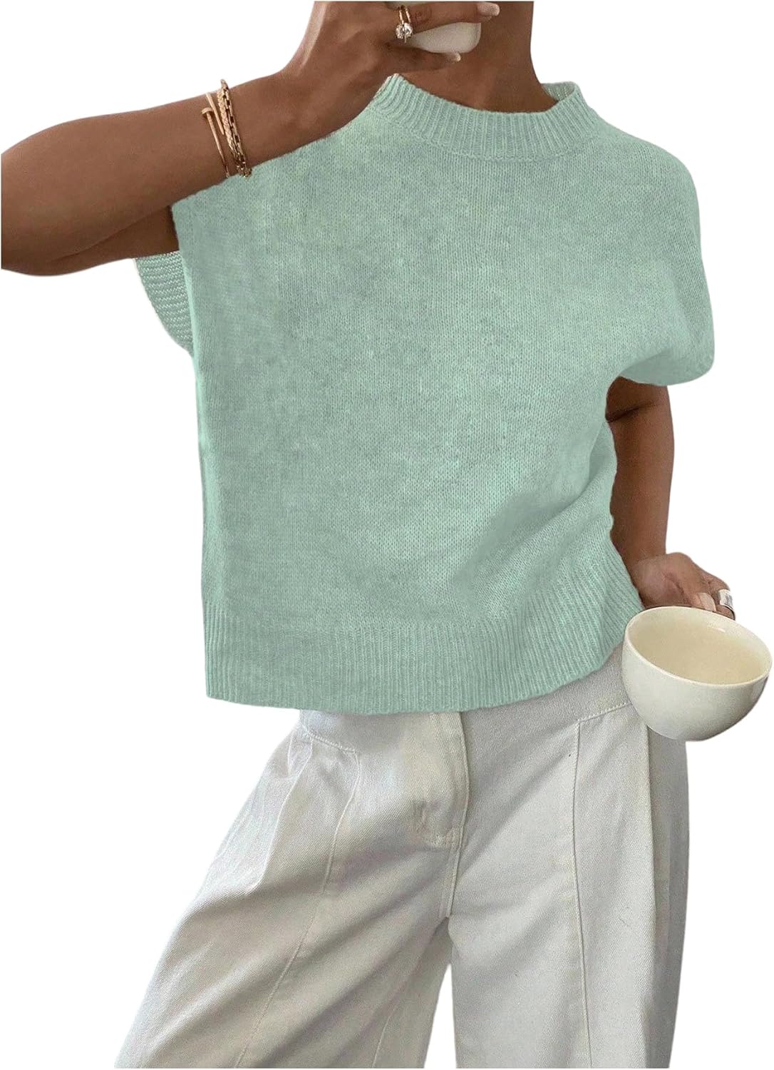 SOLY HUX Women's Ribbed Sweater Crew Neck Short Sleeve Loose Fit Floral Knit Pullover Tops