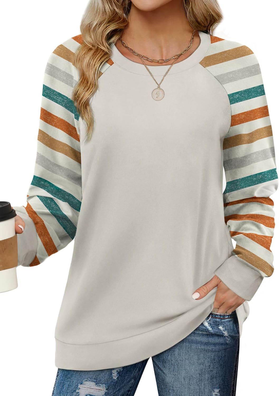 Saloogoe Sweatshirts for Women Crewneck Cable Knit Sleeve Sweaters Lightweight Fashion 2025