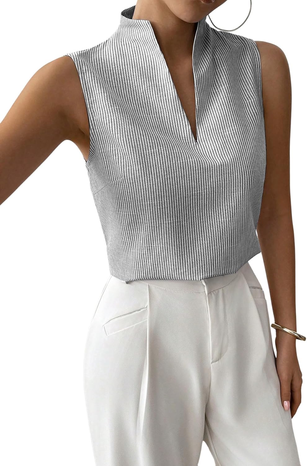 SOLY HUX Women's Work Outfits V Neck Sleeveless Blouses Summer Casual Tank Tops Business Office Dressy Striped Shirts