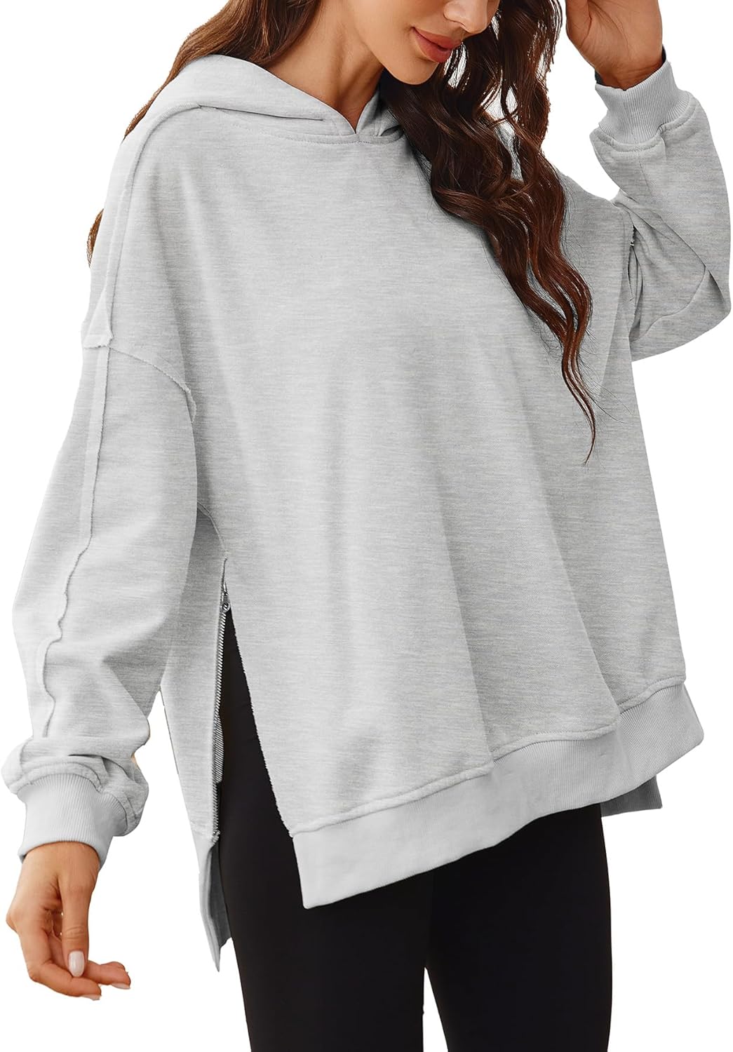 Glamaker Women's Oversized Hoodies Side Slit Zip Up Pullover Sweatshirt Casual Long Sleeve High Low Fall Clothes Top Shirts