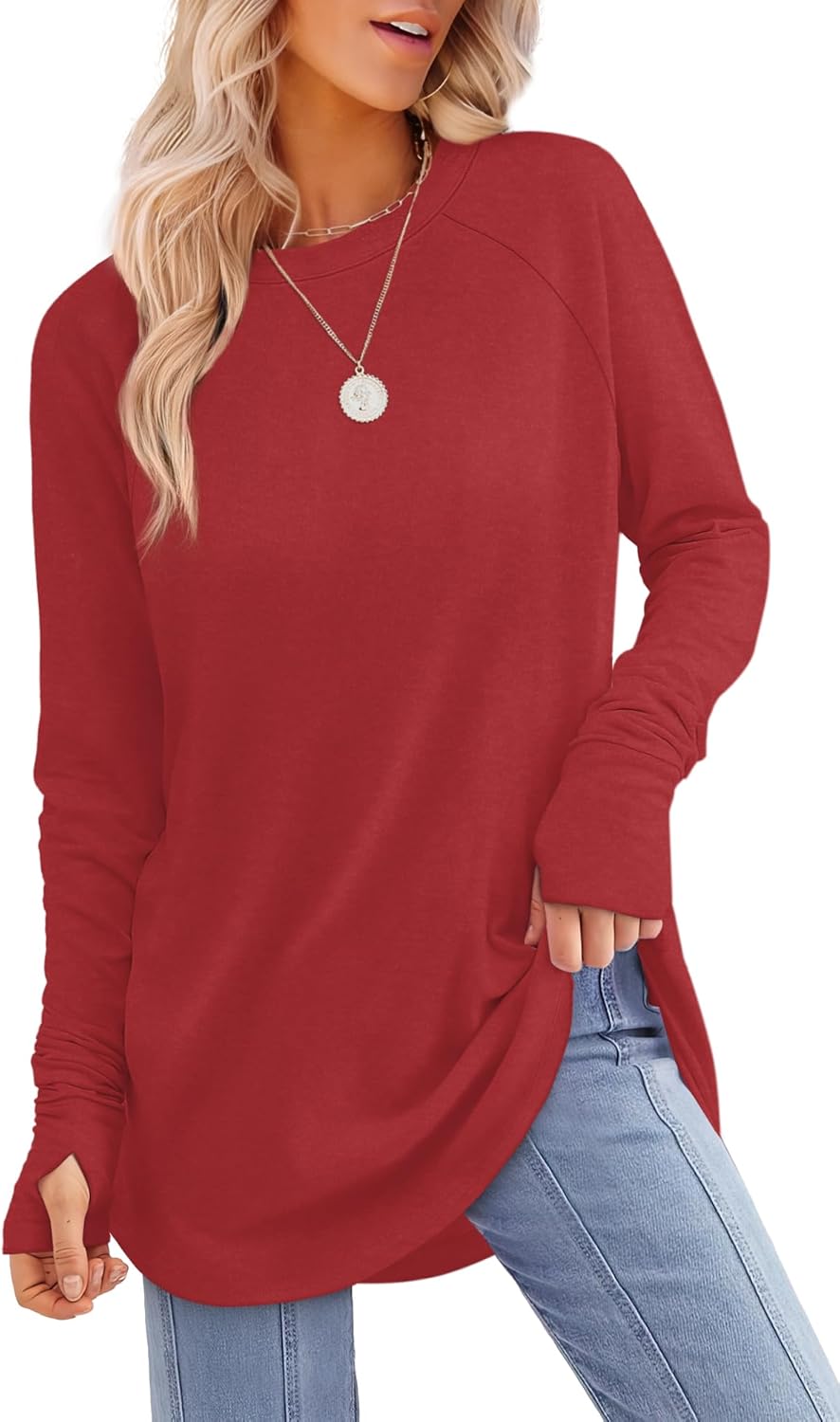 XIEERDUO Womens Tunic Tops to Wear with Leggings Long Sleeve Thumb Hole Shirts Crew Neck Curved Hem