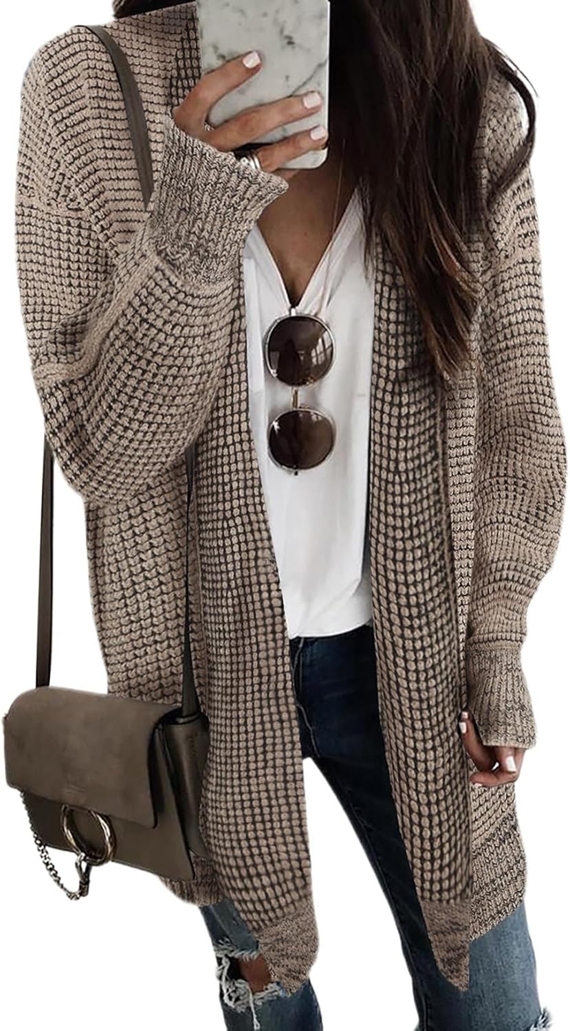 Sidefeel Womens 2025 Fall Outfits Long Sleeve Open Front Cardigan Sweaters Oversized Checkered Chunky Knit Sweaters Coat